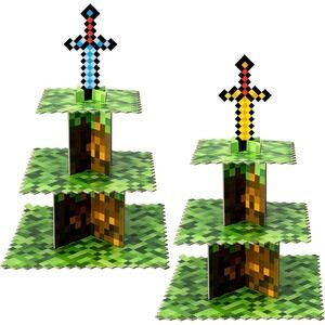 Minecraft Style Pixelated 3 Tier Cupcake Stand Gaming Party Dessert Tower NEW
